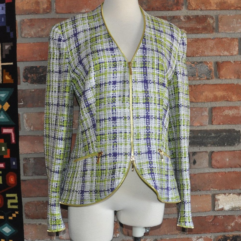 ESCADA WOVEN Tweed Silk Cotton Purple Lime Green Gold Zip-up Jacket Coat 38